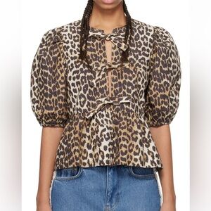 Ganni. Leopard Print Puff Sleeve Top